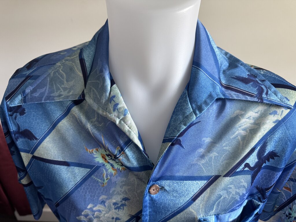 70s Blue Dragon & Crane Shirt – Bamboo Buttons & Mythical Vibe
