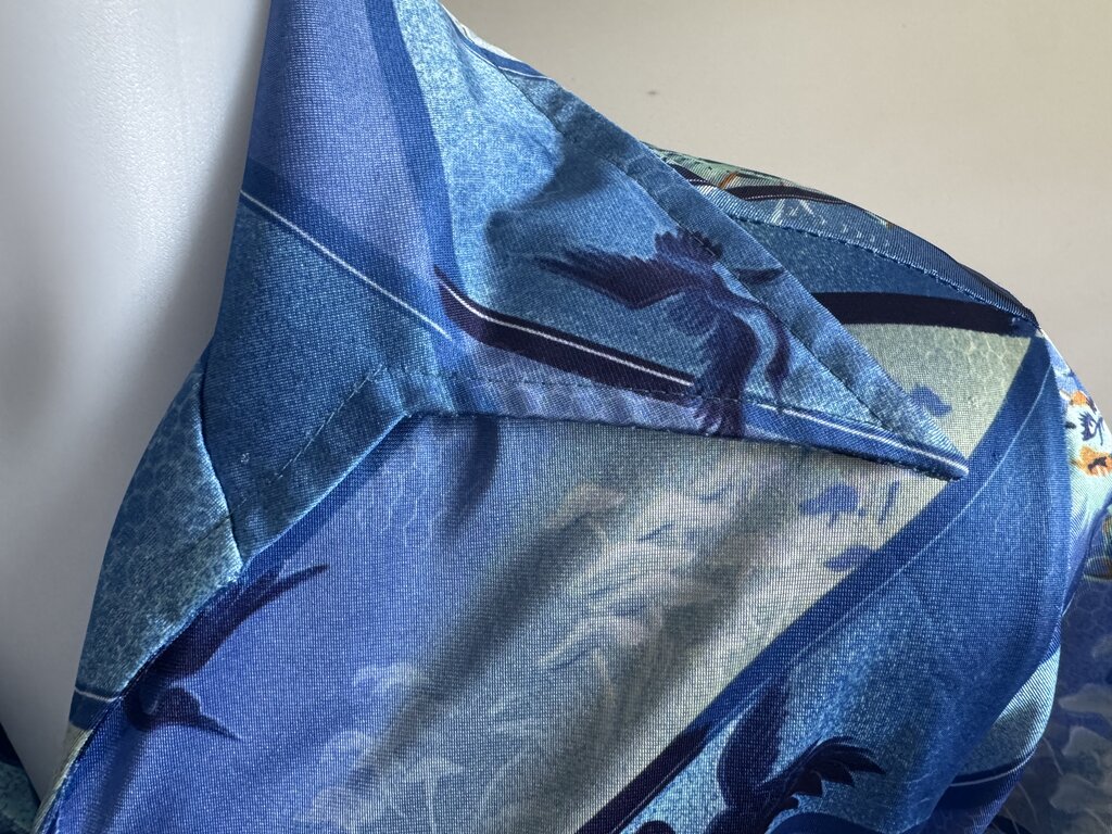 70s Blue Dragon & Crane Shirt – Bamboo Buttons & Mythical Vibe