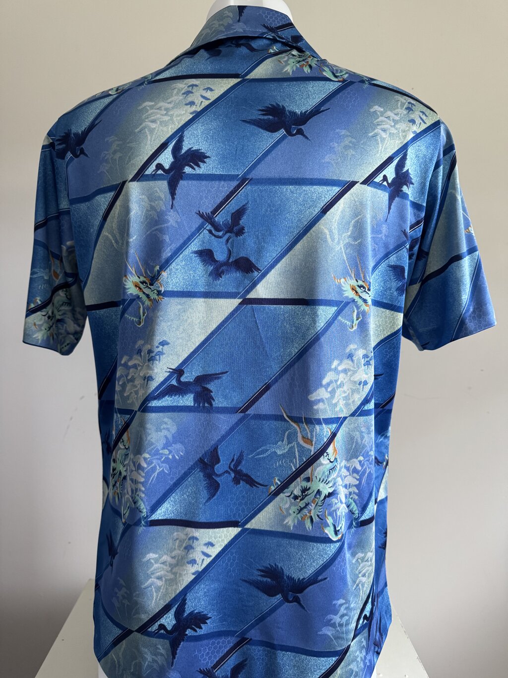 70s Blue Dragon & Crane Shirt – Bamboo Buttons & Mythical Vibe