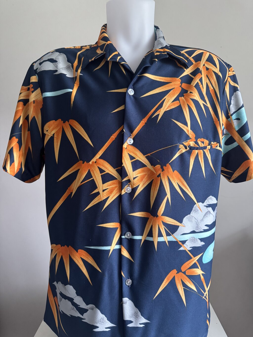 1970s Nani Bamboo & Mist Shirt – Navy Soft Rayon with Orange Cane Motif (XL)