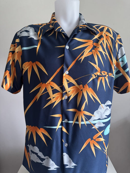 1970s Nani Bamboo & Mist Shirt – Navy Soft Rayon with Orange Cane Motif (XL)