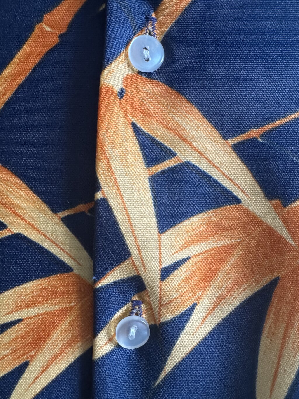 1970s Nani Bamboo & Mist Shirt – Navy Soft Rayon with Orange Cane Motif (XL)
