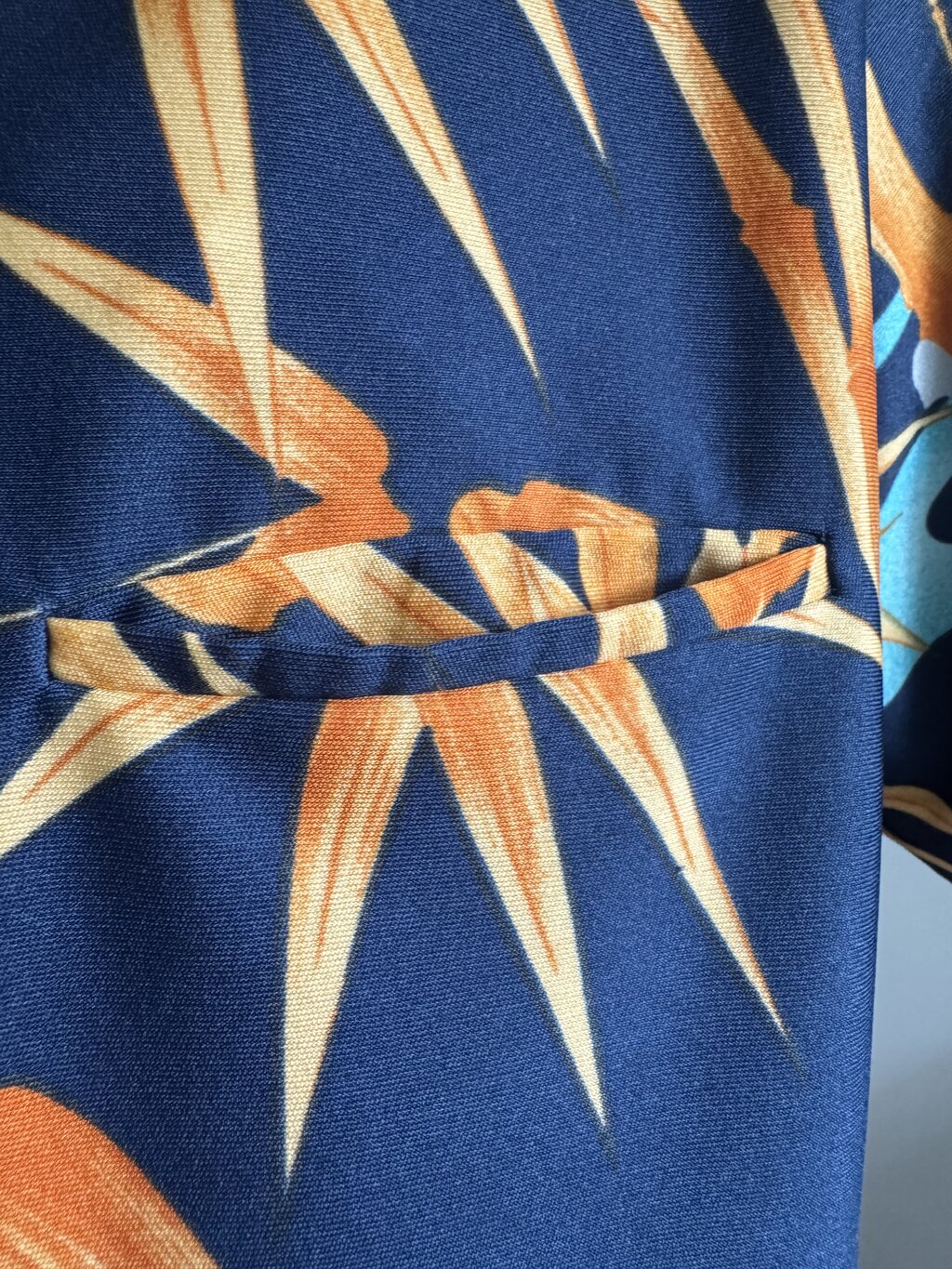 1970s Nani Bamboo & Mist Shirt – Navy Soft Rayon with Orange Cane Motif (XL)