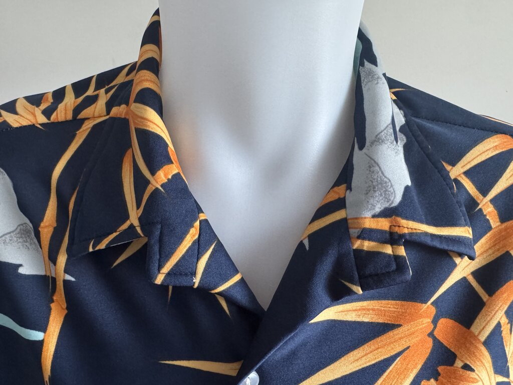 1970s Nani Bamboo & Mist Shirt – Navy Soft Rayon with Orange Cane Motif (XL)
