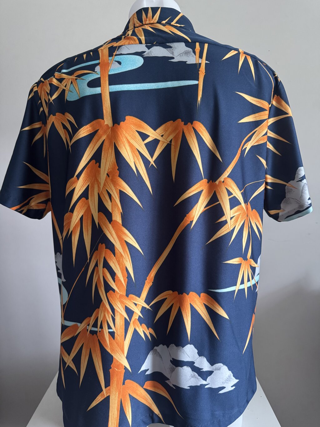 1970s Nani Bamboo & Mist Shirt – Navy Soft Rayon with Orange Cane Motif (XL)