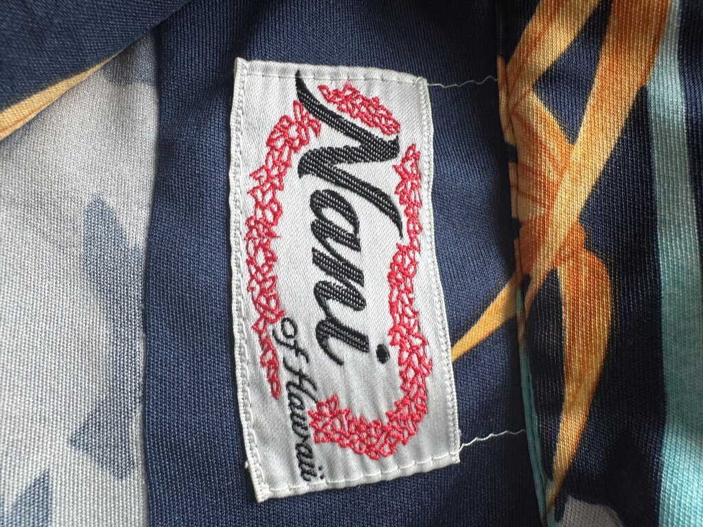 1970s Nani Bamboo & Mist Shirt – Navy Soft Rayon with Orange Cane Motif (XL)