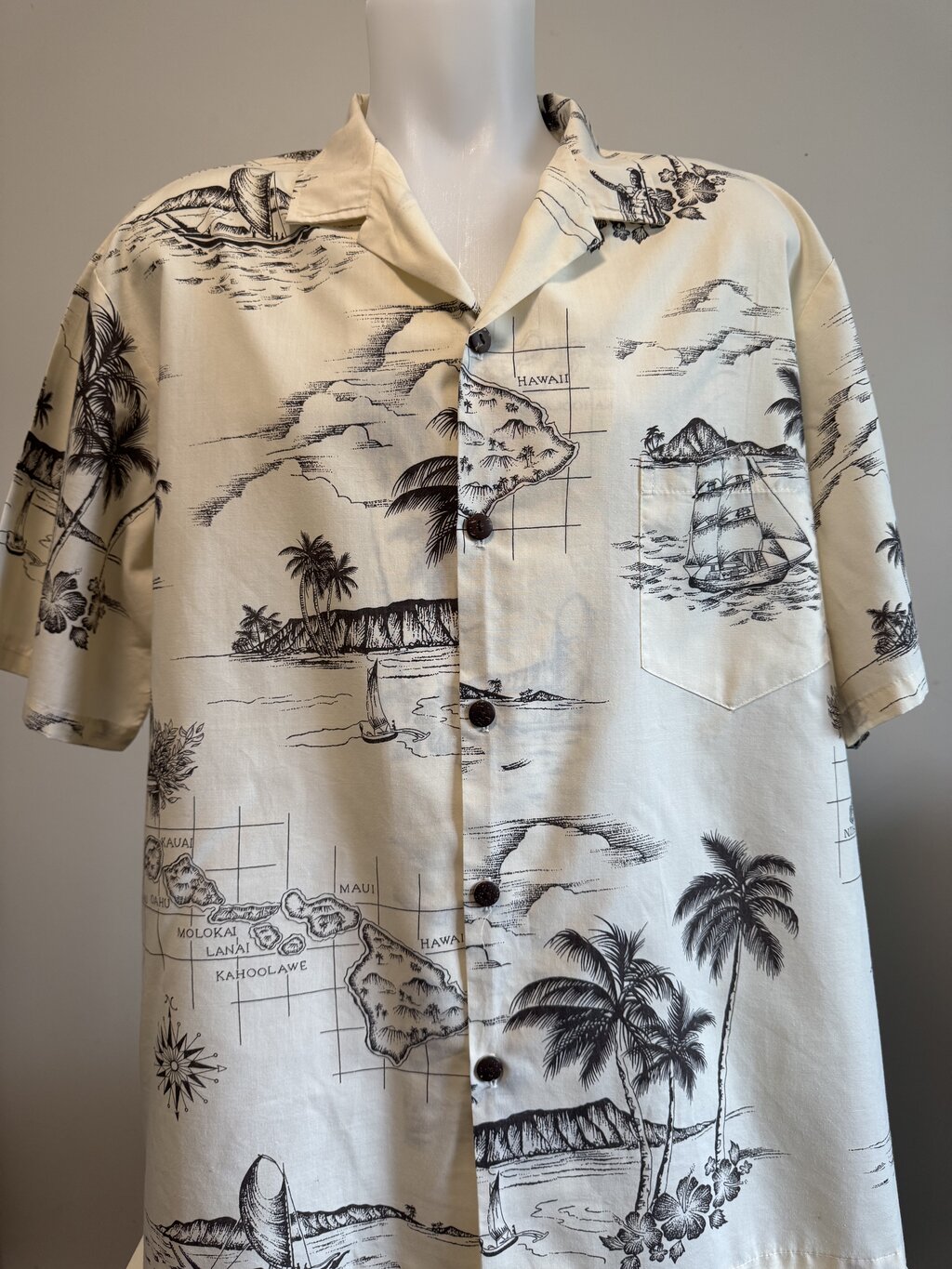 1990s Royal Creations Hawai‘i Island Map Shirt – Monochrome Nautical Print (XXL)