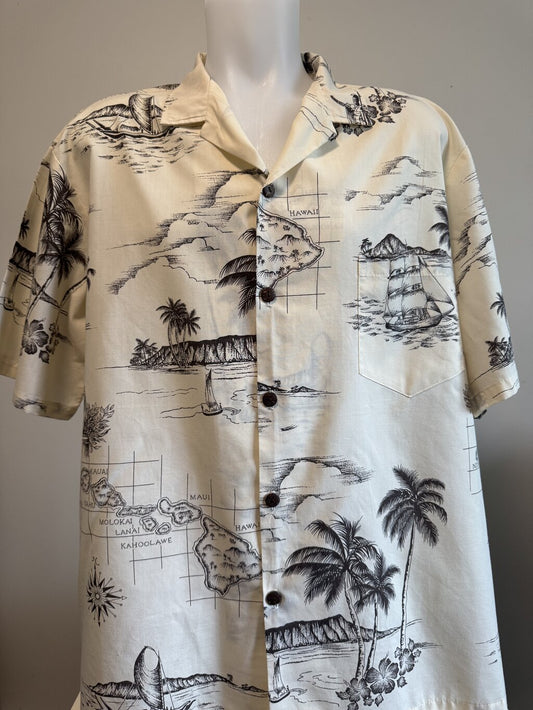 1990s Royal Creations Hawai‘i Island Map Shirt – Monochrome Nautical Print (XXL)