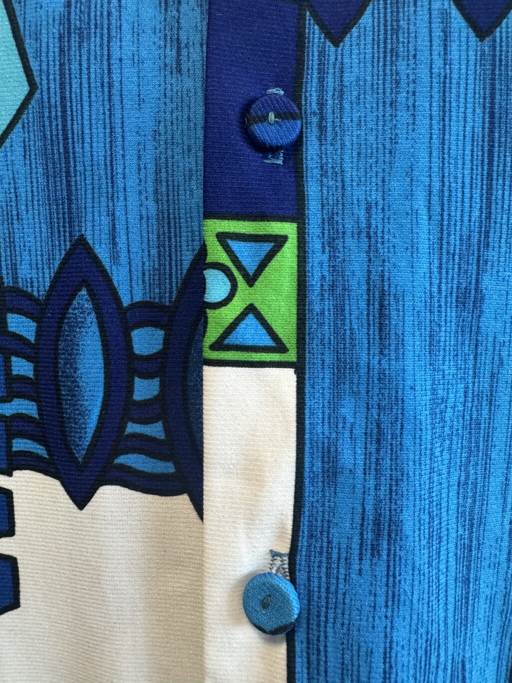 1970s Malihini Hawaii Geometric Tapa Shirt – Blue & Green Polyester Knit (M)