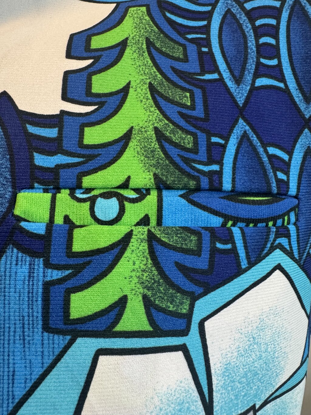 1970s Malihini Hawaii Geometric Tapa Shirt – Blue & Green Polyester Knit (M)