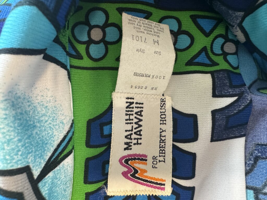 1970s Malihini Hawaii Geometric Tapa Shirt – Blue & Green Polyester Knit (M)