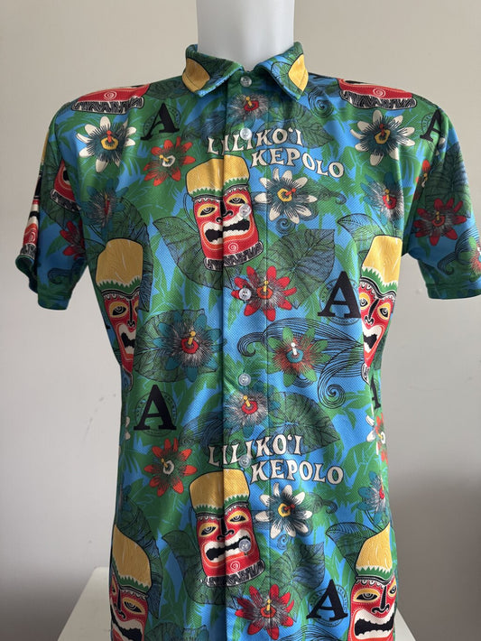 1980s LILIKO'I KEPOLO Tiki Mask & Passionflower Shirt – Blue & Green Poly Knit (M)