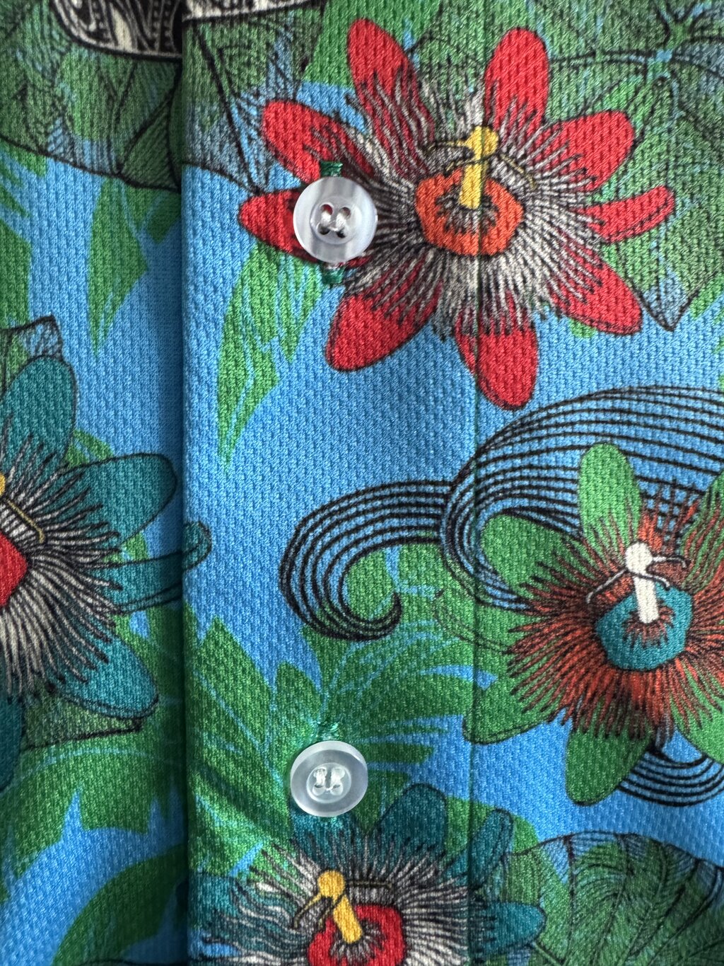 1980s LILIKO'I KEPOLO Tiki Mask & Passionflower Shirt – Blue & Green Poly Knit (M)