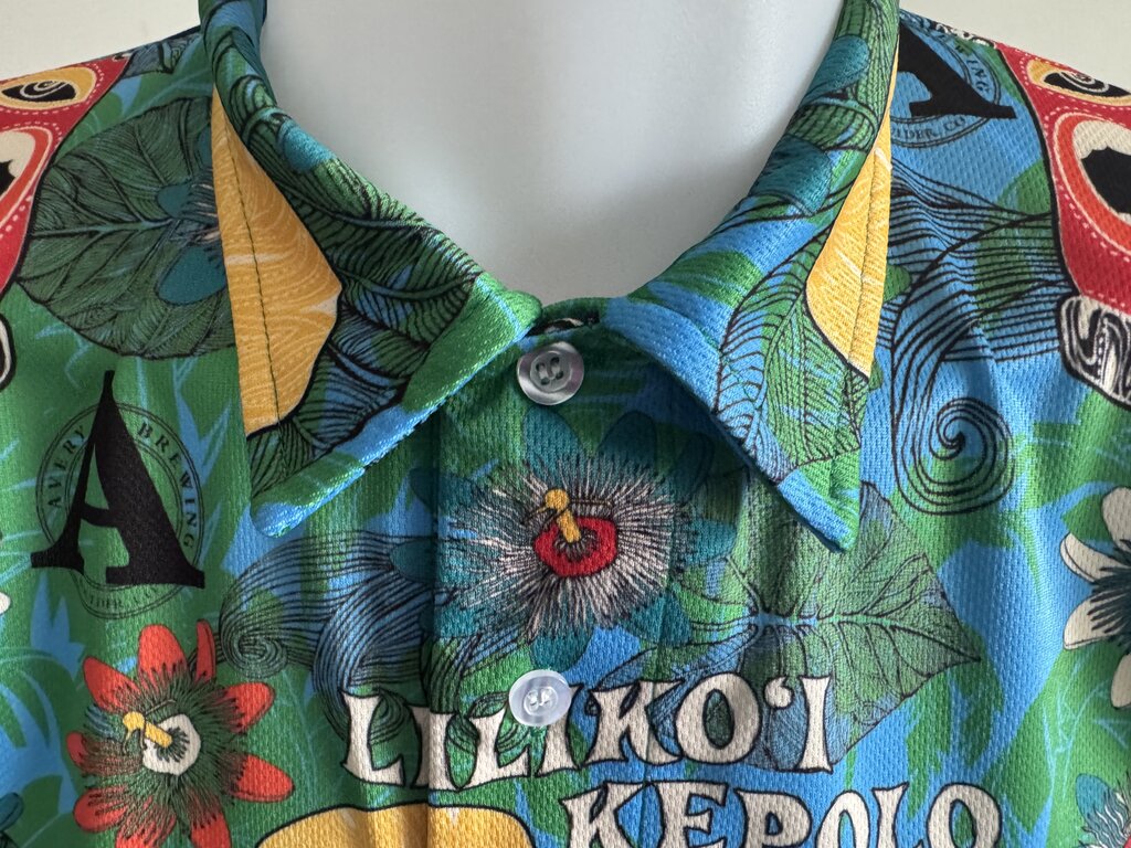 1980s LILIKO'I KEPOLO Tiki Mask & Passionflower Shirt – Blue & Green Poly Knit (M)