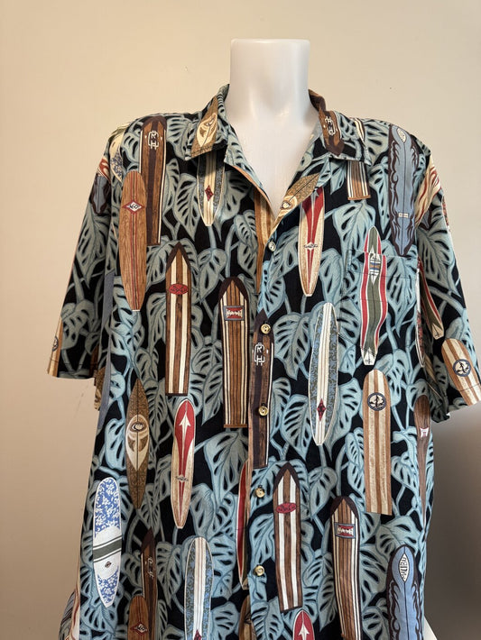 1990s Kalaheo Surfboard & Monstera Shirt – Black Cotton with Tropical Board Print (3XL)