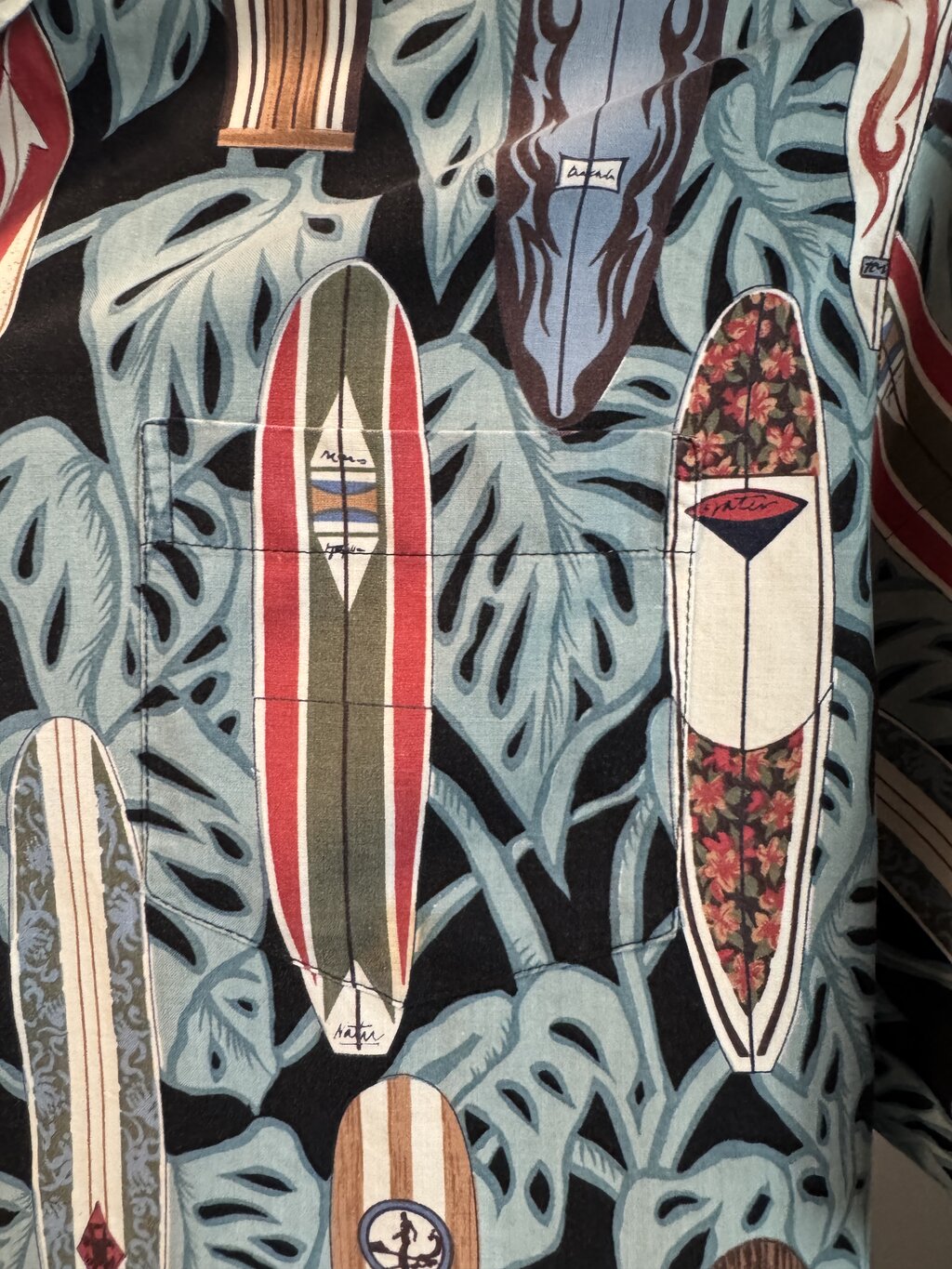 1990s Kalaheo Surfboard & Monstera Shirt – Black Cotton with Tropical Board Print (3XL)