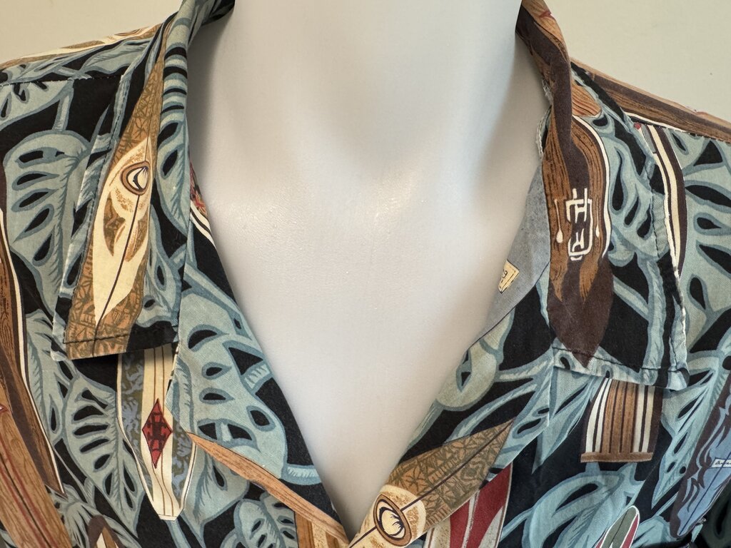 1990s Kalaheo Surfboard & Monstera Shirt – Black Cotton with Tropical Board Print (3XL)
