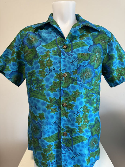 1970s Royal Hawaiian Islands Map Shirt – Blue & Green Hibiscus on Heavy Cotton (M)