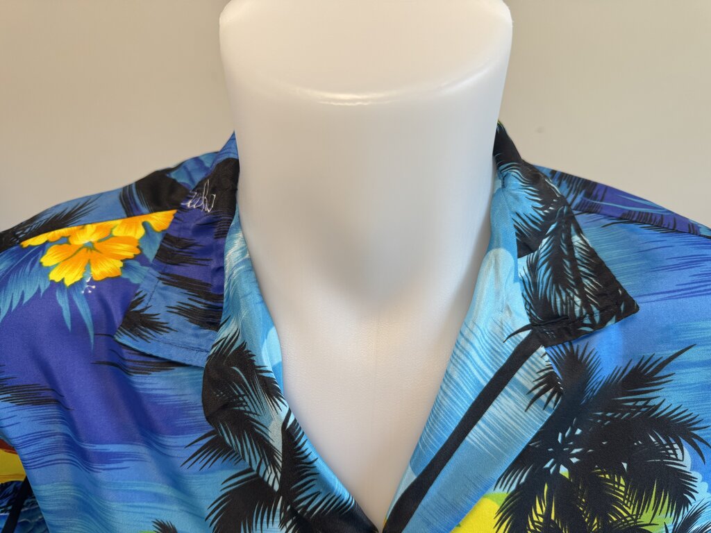 1980s Royal Creations Scenic Sunset Shirt – Black & Blue Palm Beach Print (M)