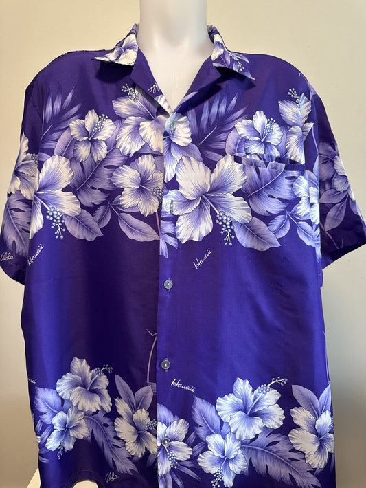 1980s Jade Fashions Hibiscus & Leaf Aloha Shirt – Purple & White Floral (XXL)