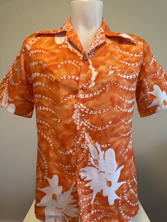 1980s Andrade Hawaiian Shirt – Burnt Orange Floral Vines in Silky Polyester (S)