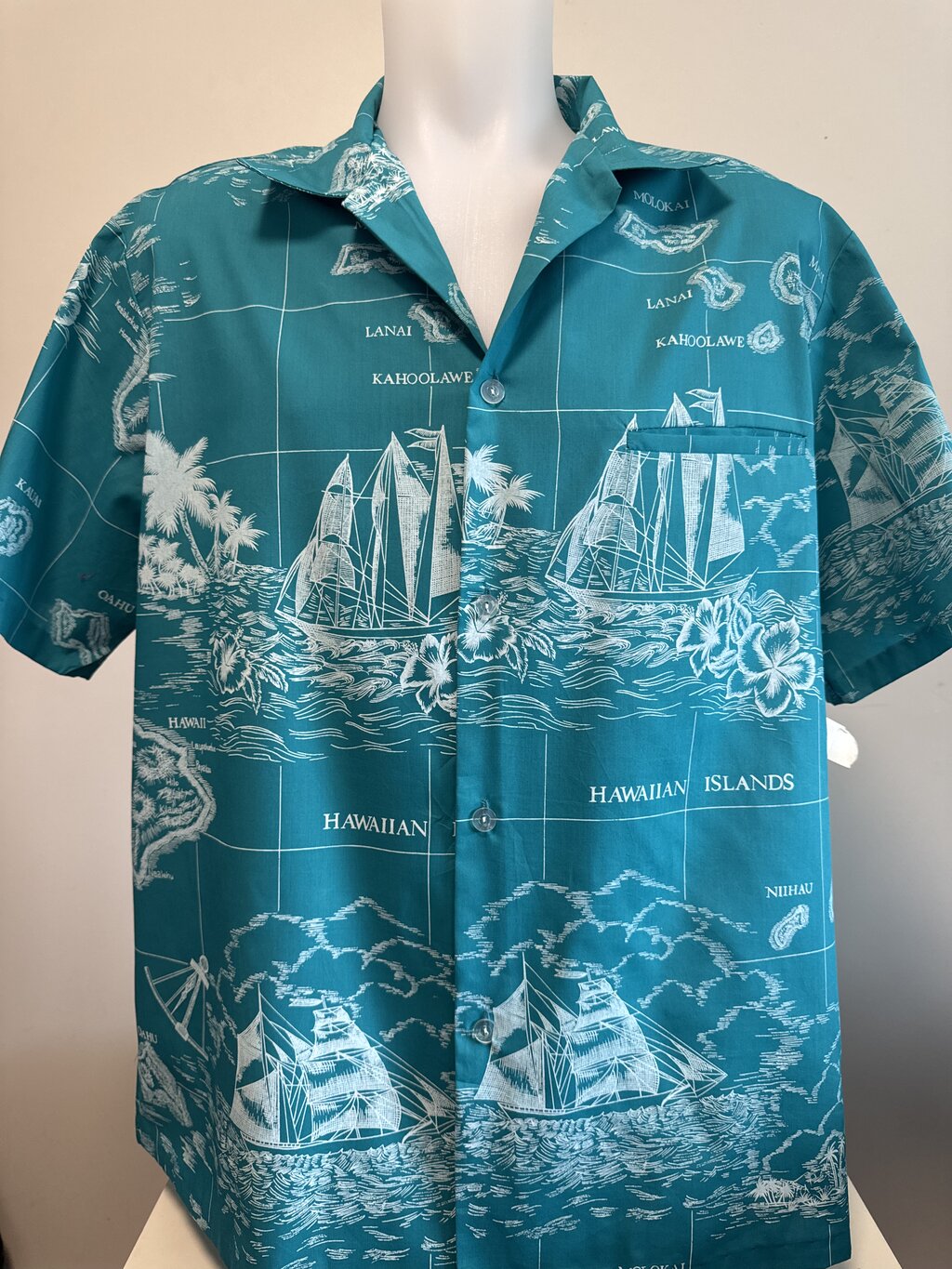 1980s Helena’s Hawaiian Islands Nautical Map Shirt – Teal & White (XL)