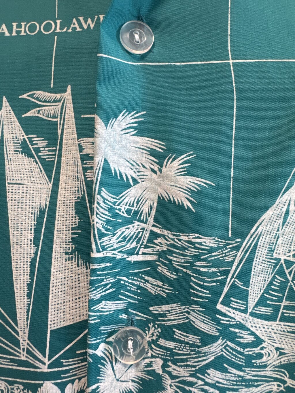 1980s Helena’s Hawaiian Islands Nautical Map Shirt – Teal & White (XL)