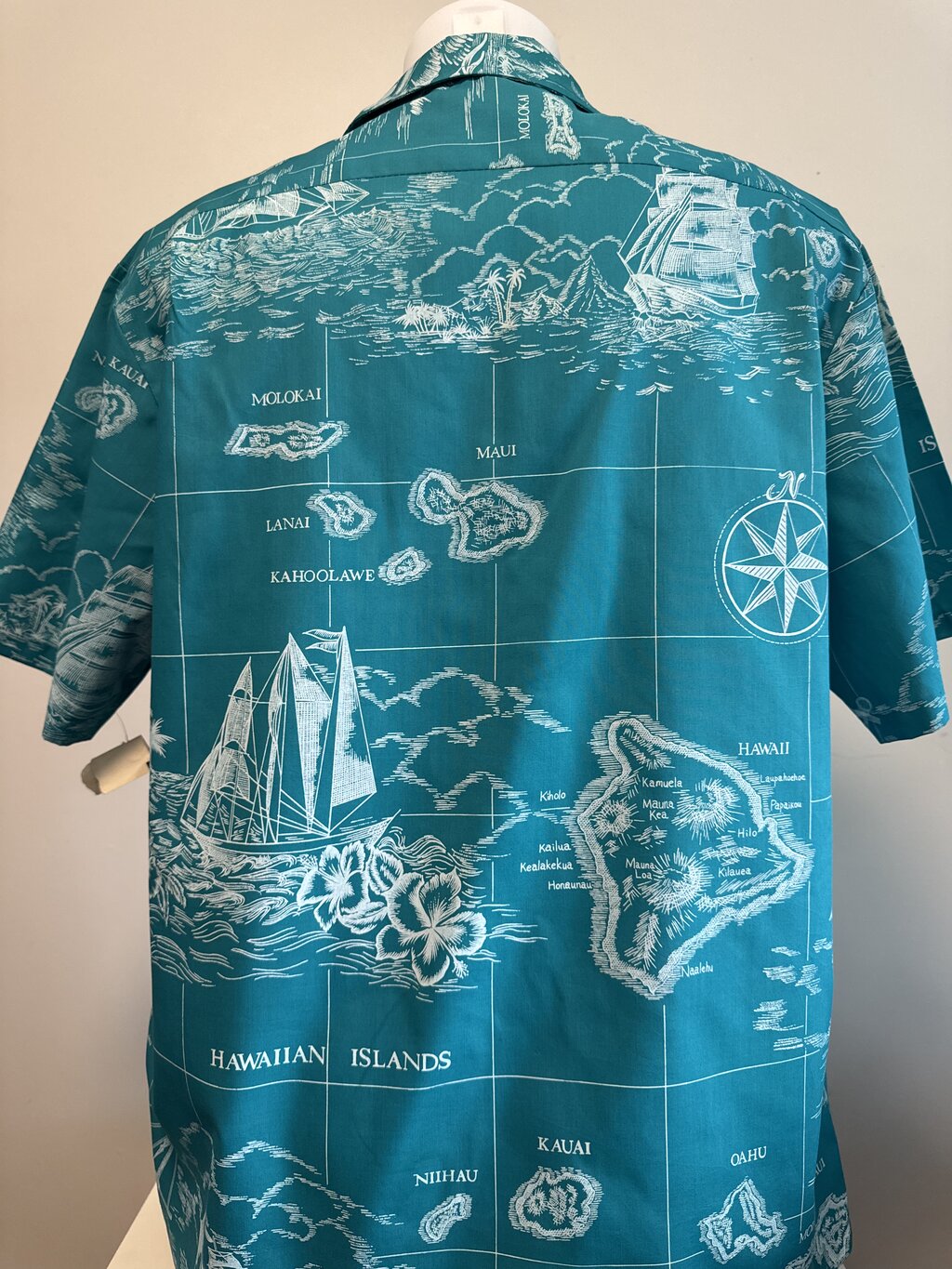 1980s Helena’s Hawaiian Islands Nautical Map Shirt – Teal & White (XL)