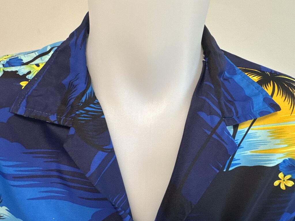 80s Helena’s Hawaiian Sunset Shirt – Blue & Yellow Palm Print (S)
