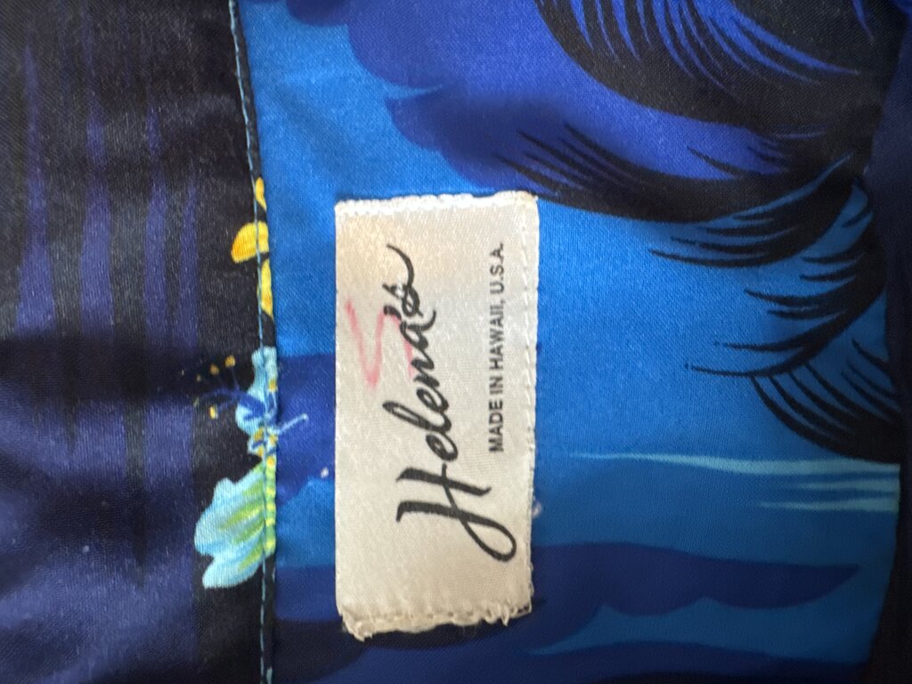 80s Helena’s Hawaiian Sunset Shirt – Blue & Yellow Palm Print (S)