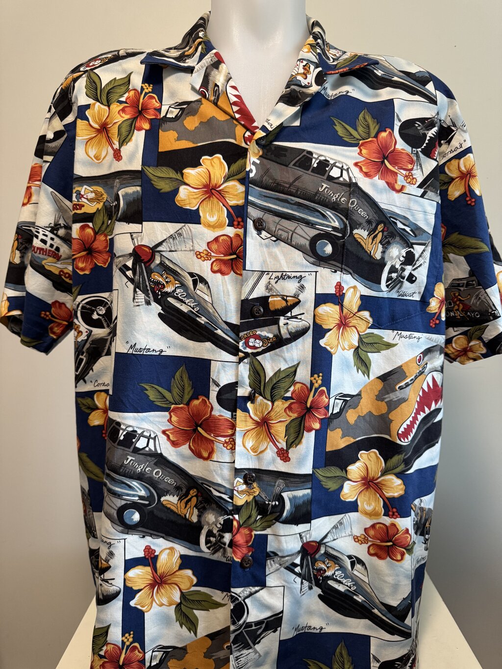 1990s Kalaheo WWII Pin-Up Fighter Planes Shirt – Jungle Queen & Mustang Print (L)