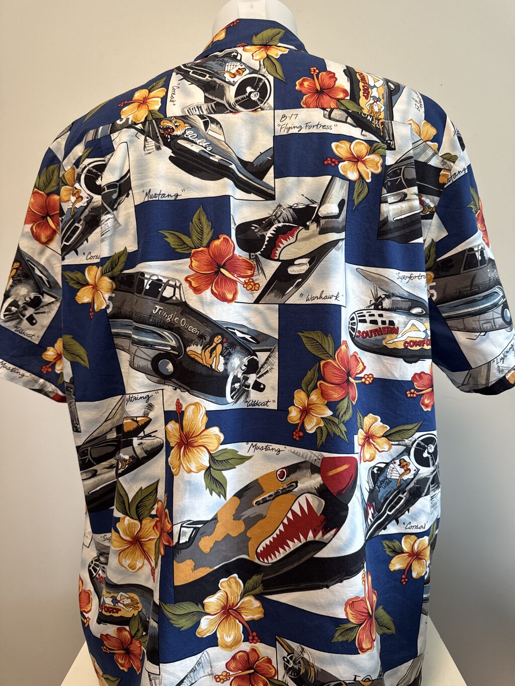 1990s Kalaheo WWII Pin-Up Fighter Planes Shirt – Jungle Queen & Mustang Print (L)