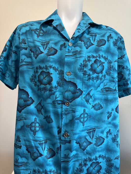 1980s Ui-Maikai Hawaiian Islands Map Shirt – Electric Blue with Marine Life & Volcanoes (L)