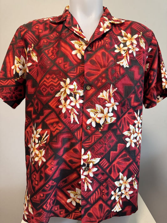 1980s Hawaiiana Tribal Plumeria Shirt – Red & Black Silky Cotton (L)