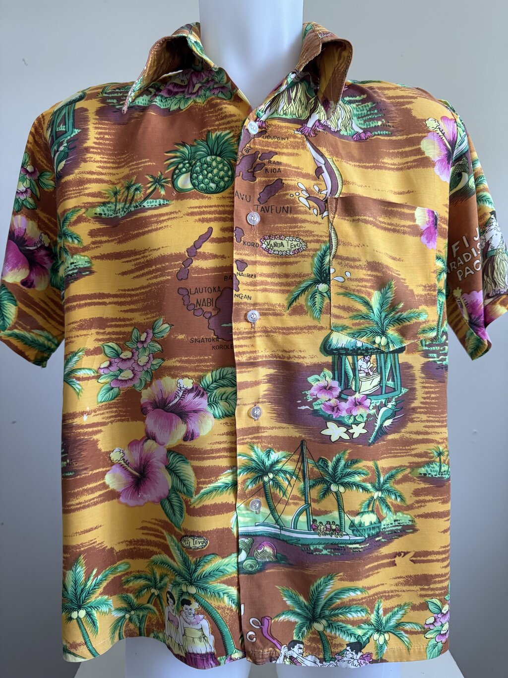 1960s-1970s - Vintage Fiji Map Print Rayon Hawaiian Shirt - Bold Orange & Hibiscus Motif