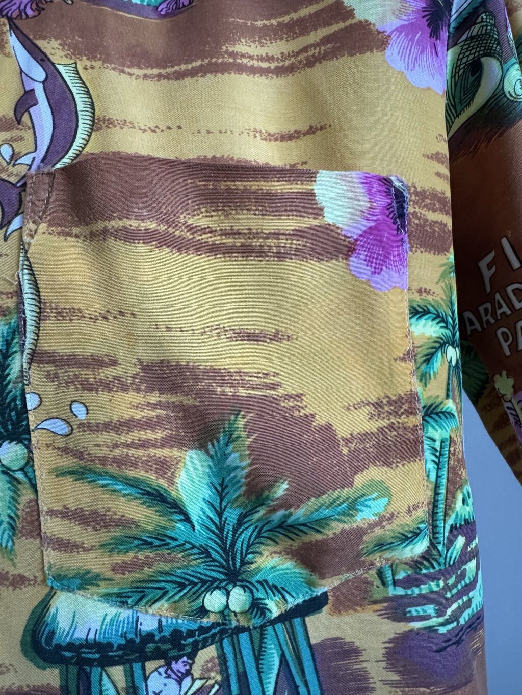 1960s-1970s - Vintage Fiji Map Print Rayon Hawaiian Shirt - Bold Orange & Hibiscus Motif