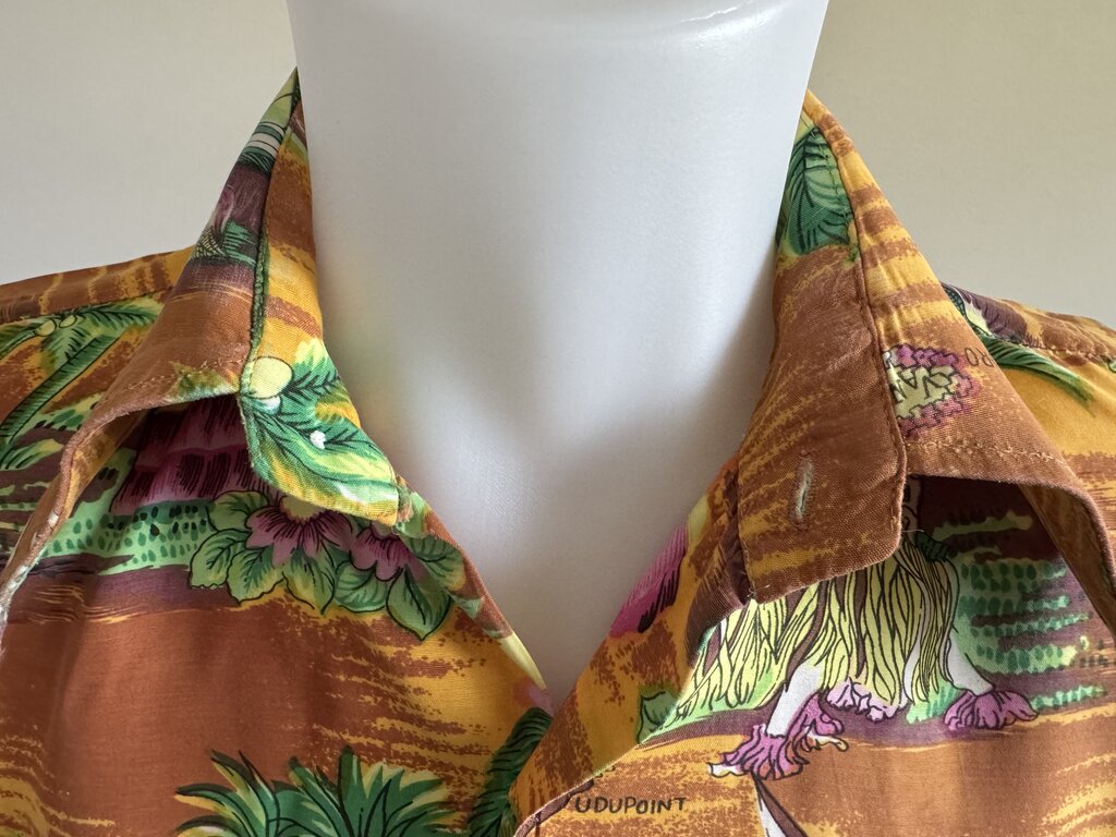 1960s-1970s - Vintage Fiji Map Print Rayon Hawaiian Shirt - Bold Orange & Hibiscus Motif