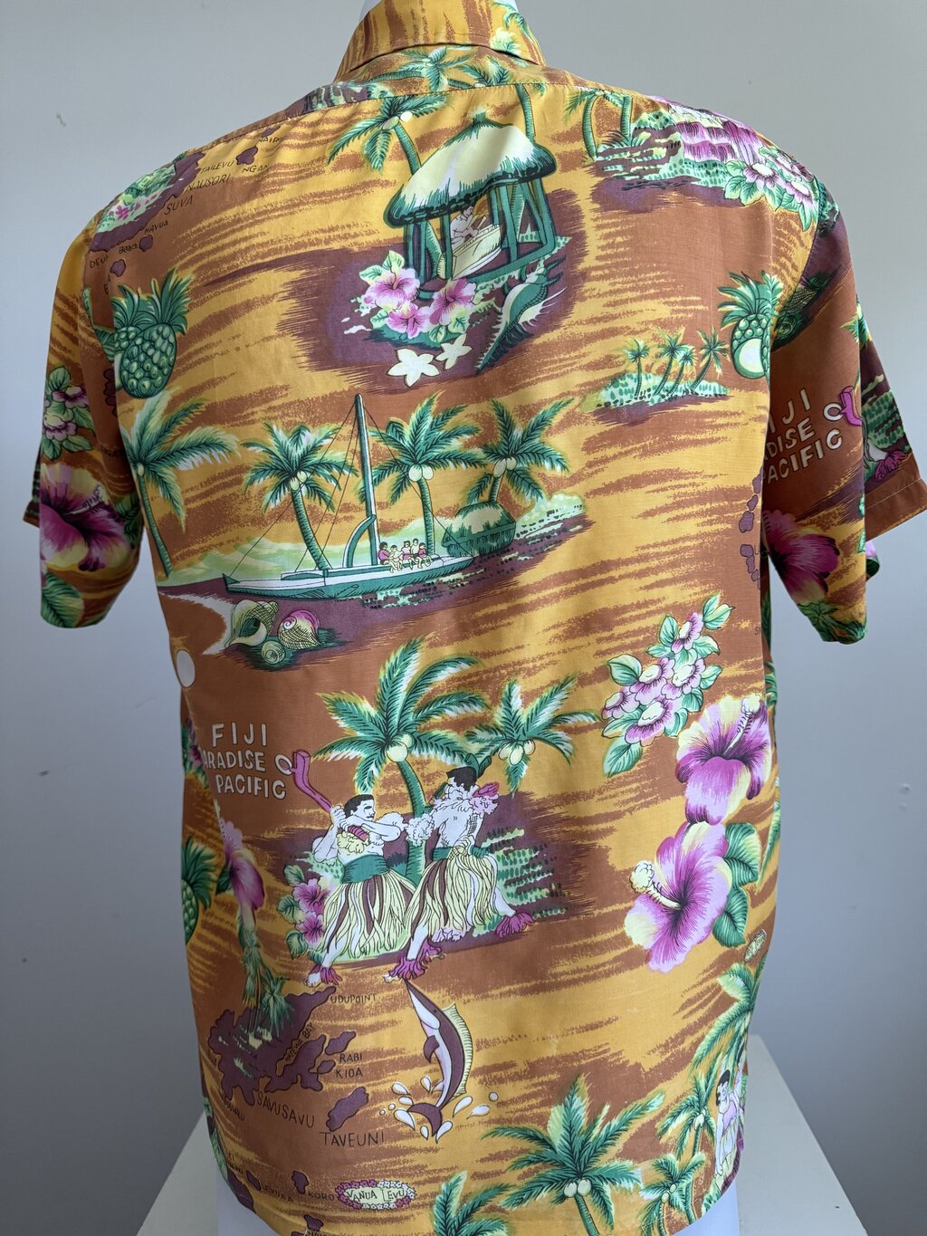 1960s-1970s - Vintage Fiji Map Print Rayon Hawaiian Shirt - Bold Orange & Hibiscus Motif