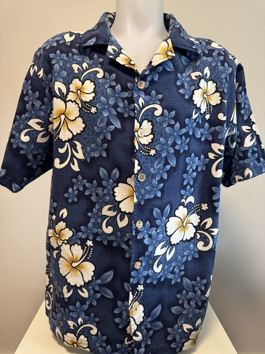 1990s-Odo Deep Navy Hibiscus Shirt – Bold Yellow Floral on Thick Cotton (L)