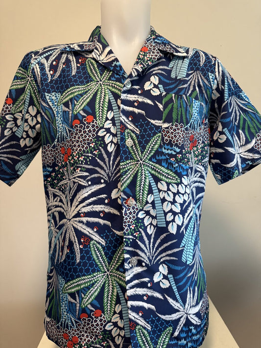 1970s Smart Tropical Grove Shirt – Navy, Leaf & Cherry Blossom Rayon Blend (M)