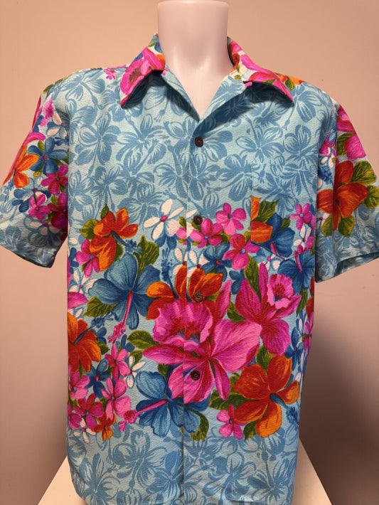 1970s Hawaiian Togs Shirt – Sky Blue Floral Explosion in Thick Cotton (L)