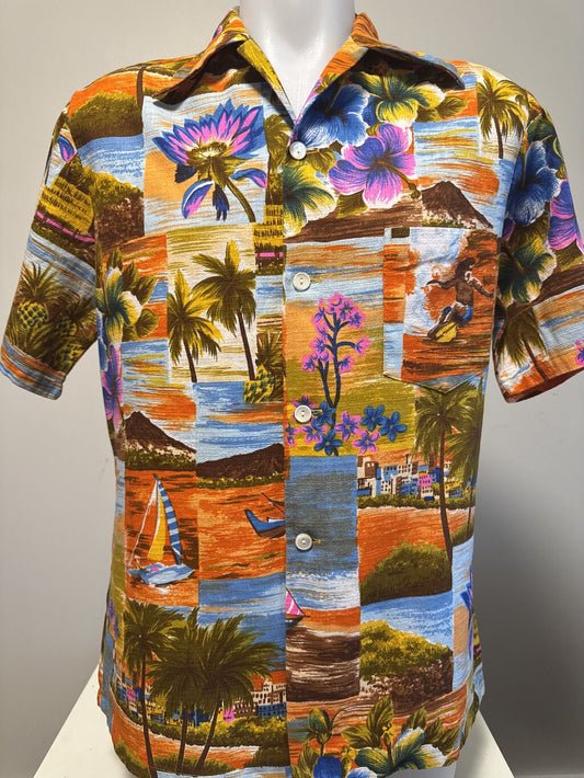 1970s-Hafa Adai Wear Scenic Panel Shirt – Surfer, Sailboats & Hibiscus (M)