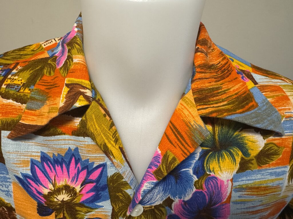 1970s-Hafa Adai Wear Scenic Panel Shirt – Surfer, Sailboats & Hibiscus (M)