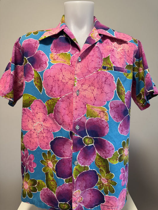 1960s Paradise Isle Batik Floral Shirt – Magenta & Chartreuse on Ocean Blue (L)
