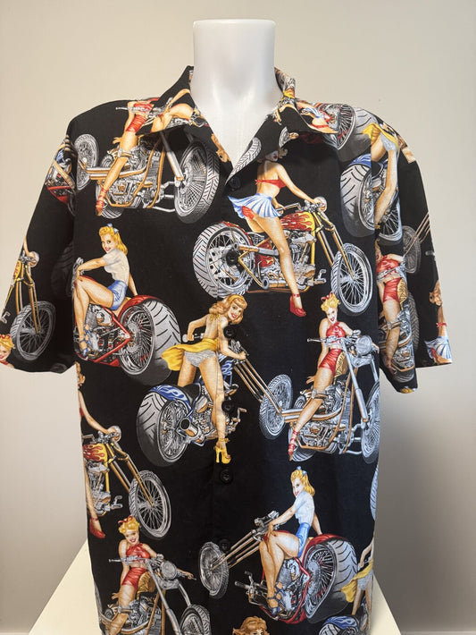 1990s Avon Tyres Pin-Up Motorcycle Shirt – Black Cotton XL
