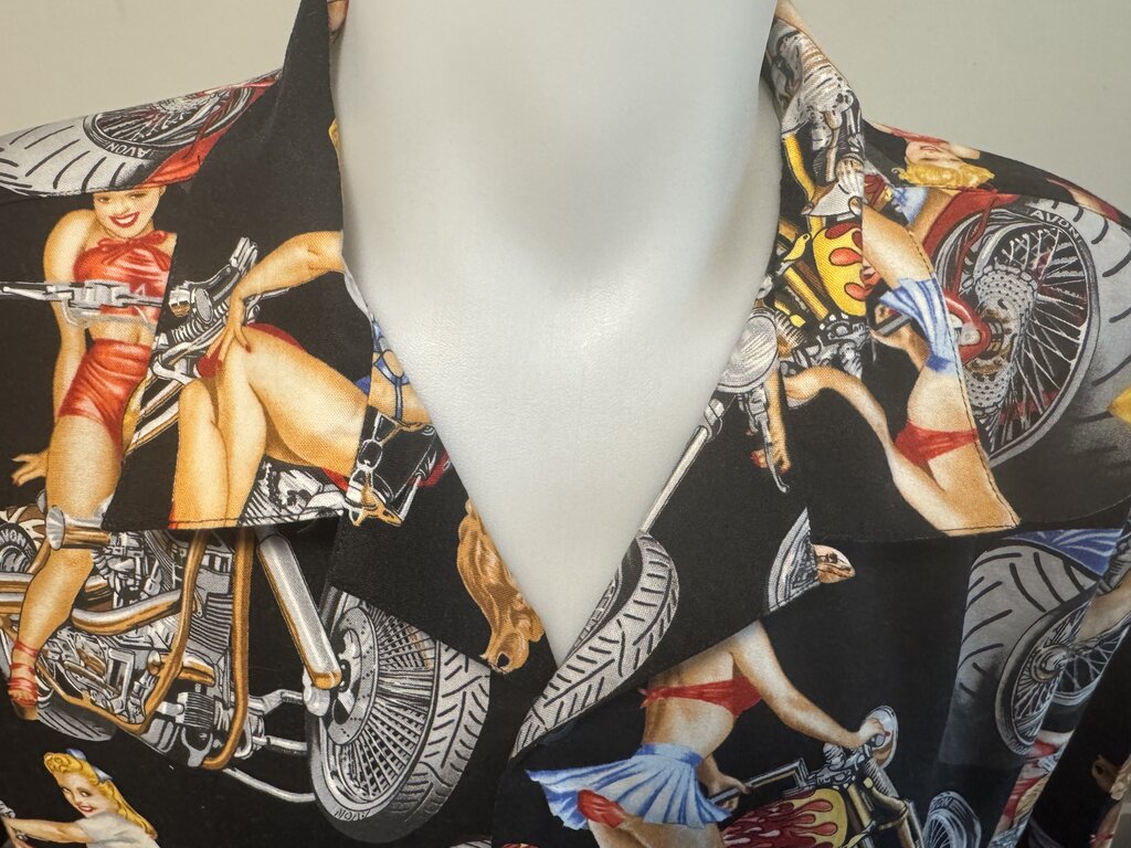 1990s Avon Tyres Pin-Up Motorcycle Shirt – Black Cotton XL