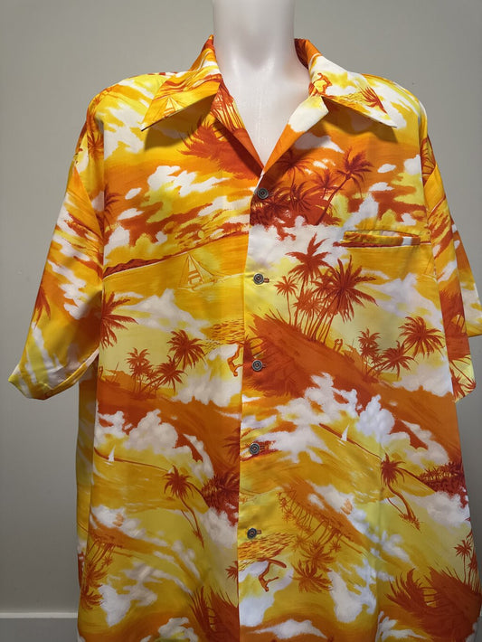 1970s Doray Sunset Surfer Shirt – Burnt Orange & Yellow Polyester (XXL)
