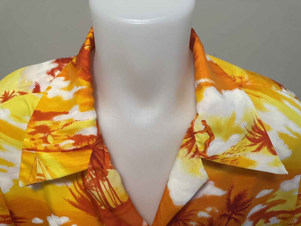 1970s Doray Sunset Surfer Shirt – Burnt Orange & Yellow Polyester (XXL)
