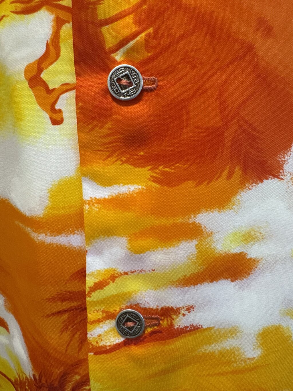 1970s Doray Sunset Surfer Shirt – Burnt Orange & Yellow Polyester (XXL)