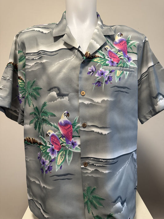 Early 1960s Casual Wear Polynesian Village Shirt – Red Cotton Blend Scenic Print (L)